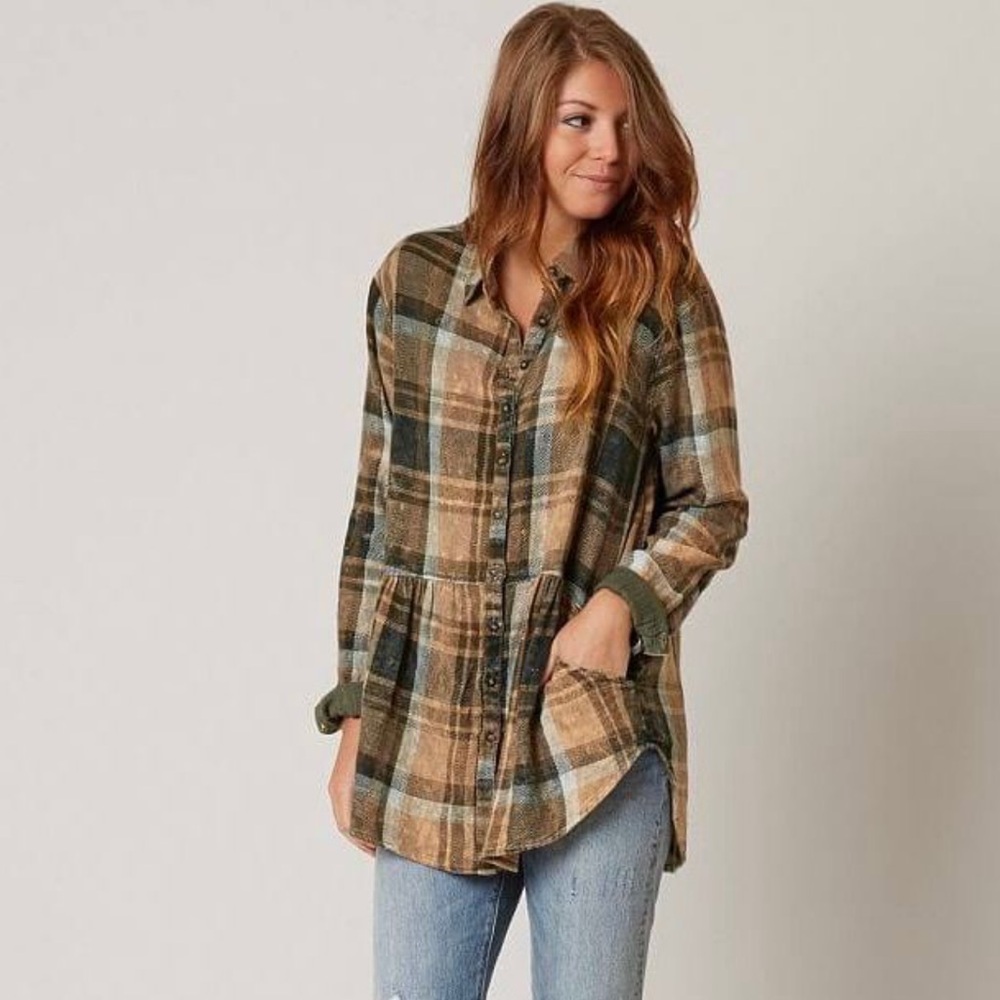 Free People Plaid Pocket Flannel Button-Up Shirt